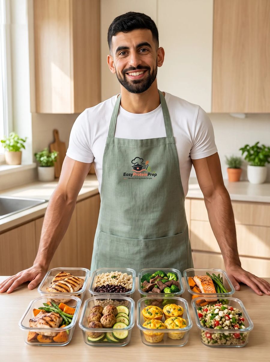 Djoudi, founder of EasyProteinPrep, with meal prep containers