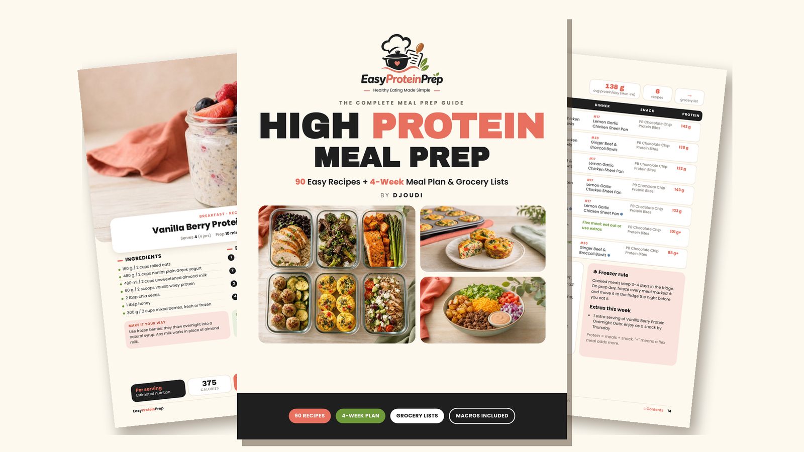 High Protein Meal Prep ebook cover with recipe and meal plan pages