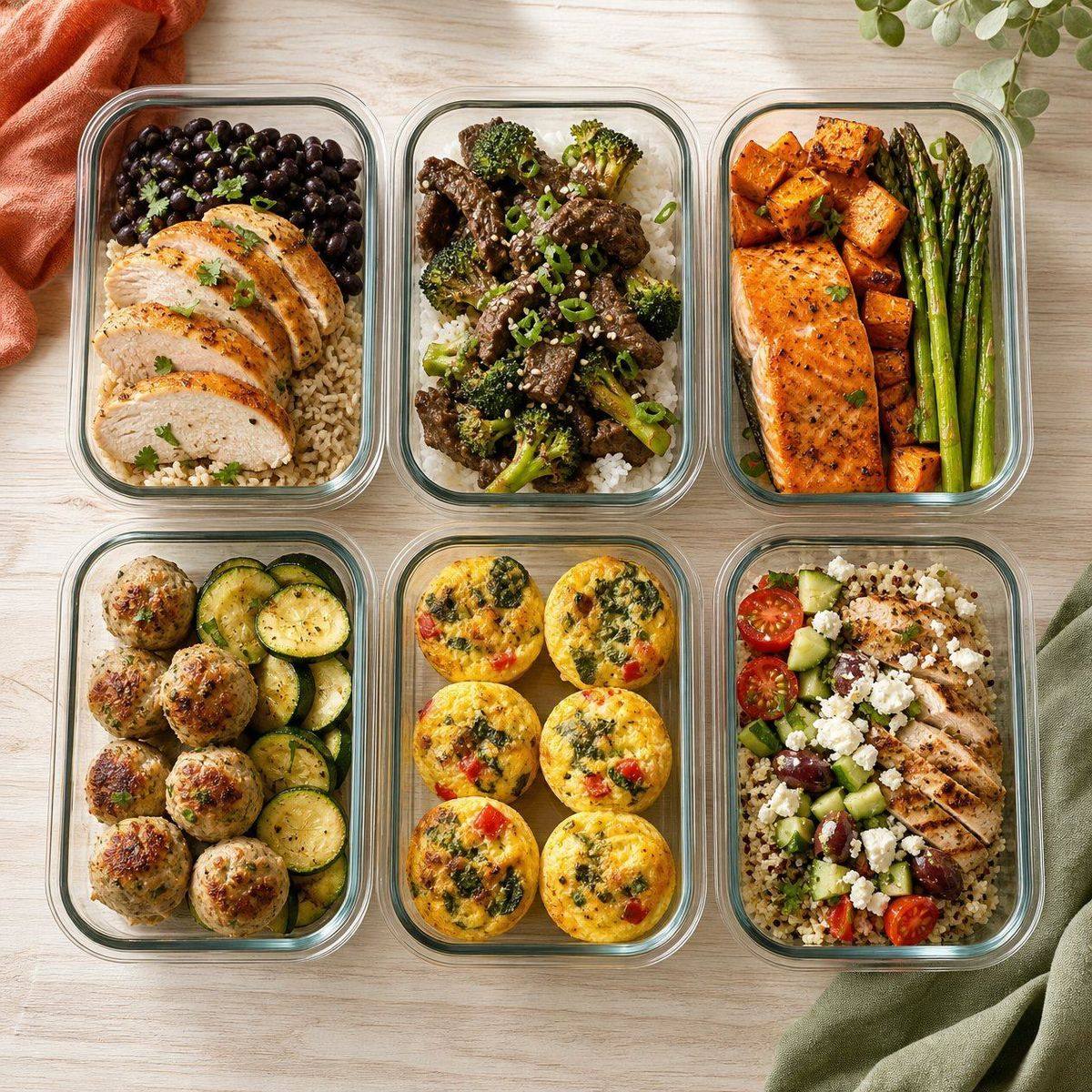 Six glass meal prep containers filled with high-protein meals